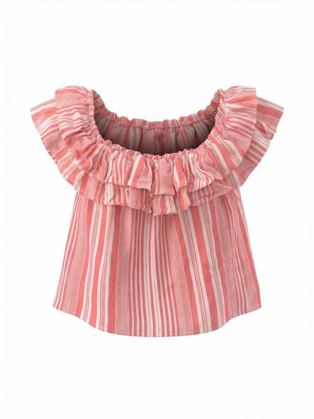 Lulu's Coral-Striped Off-Shoulder Ruffle Crop Top - Picture 2 of 4